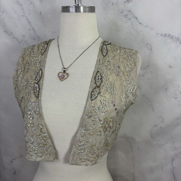 Vtg 60s Lace Shrug Vest Bolero Sz S Gray Sequence Embroidery Romantic Art Deco - Picture 15 of 16
